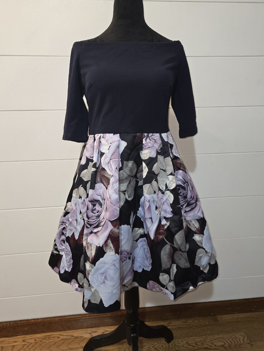 Adam Black Bodice with Pink Floral Midi Dress